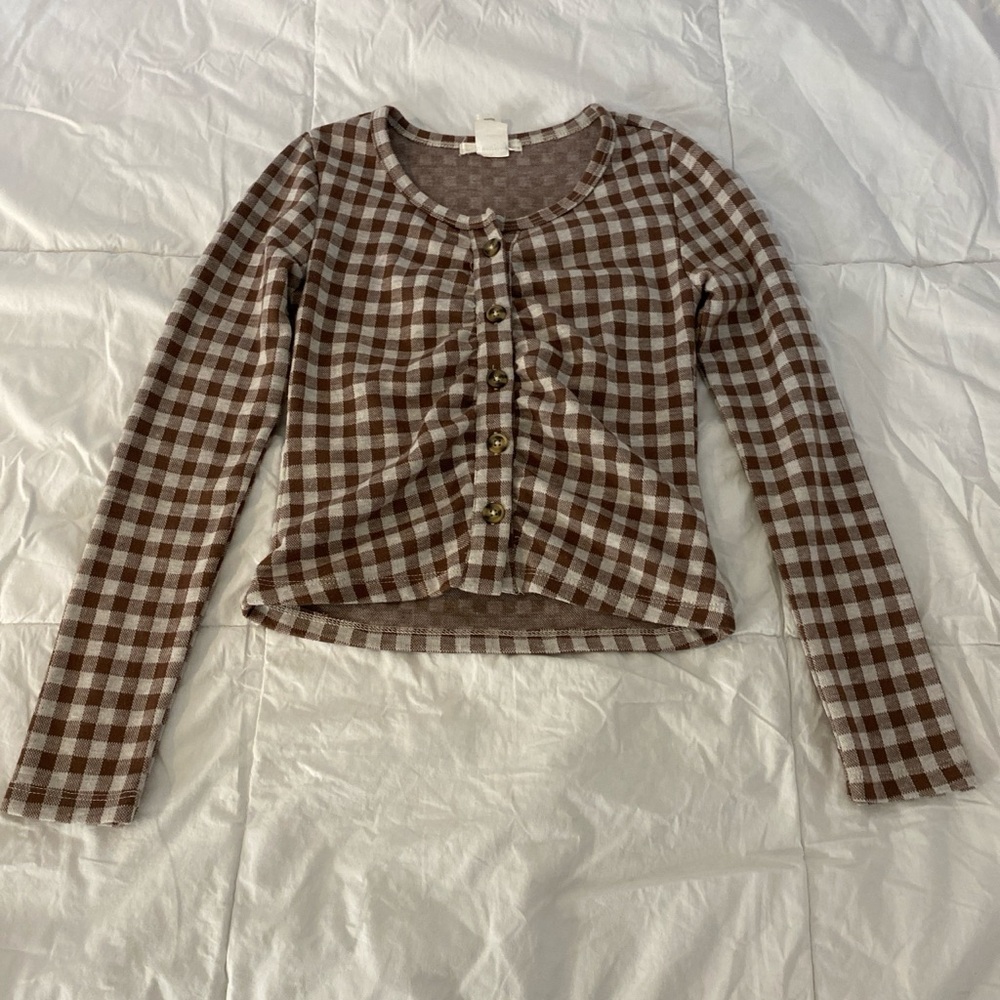Tilly’s brown & white plaid button up shirt, size S kids